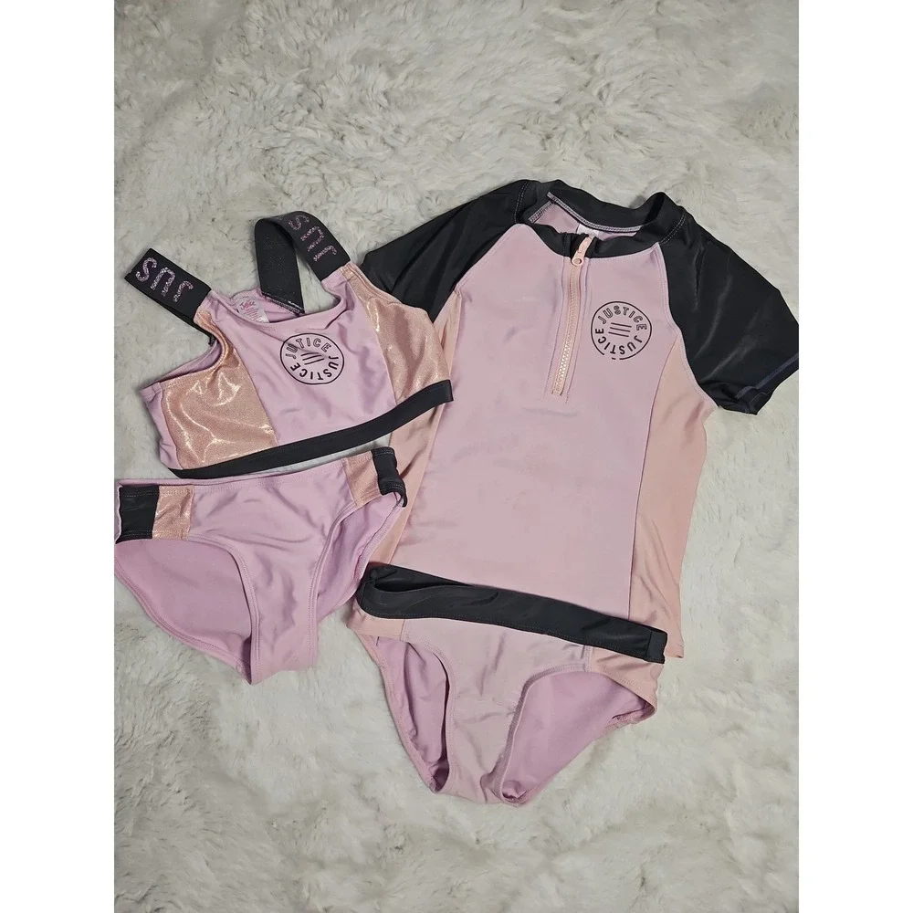 Justice Girls Swimsuit Lot Size M 10 Rash Guard Bikini 4 Pc Athletic Pink Black